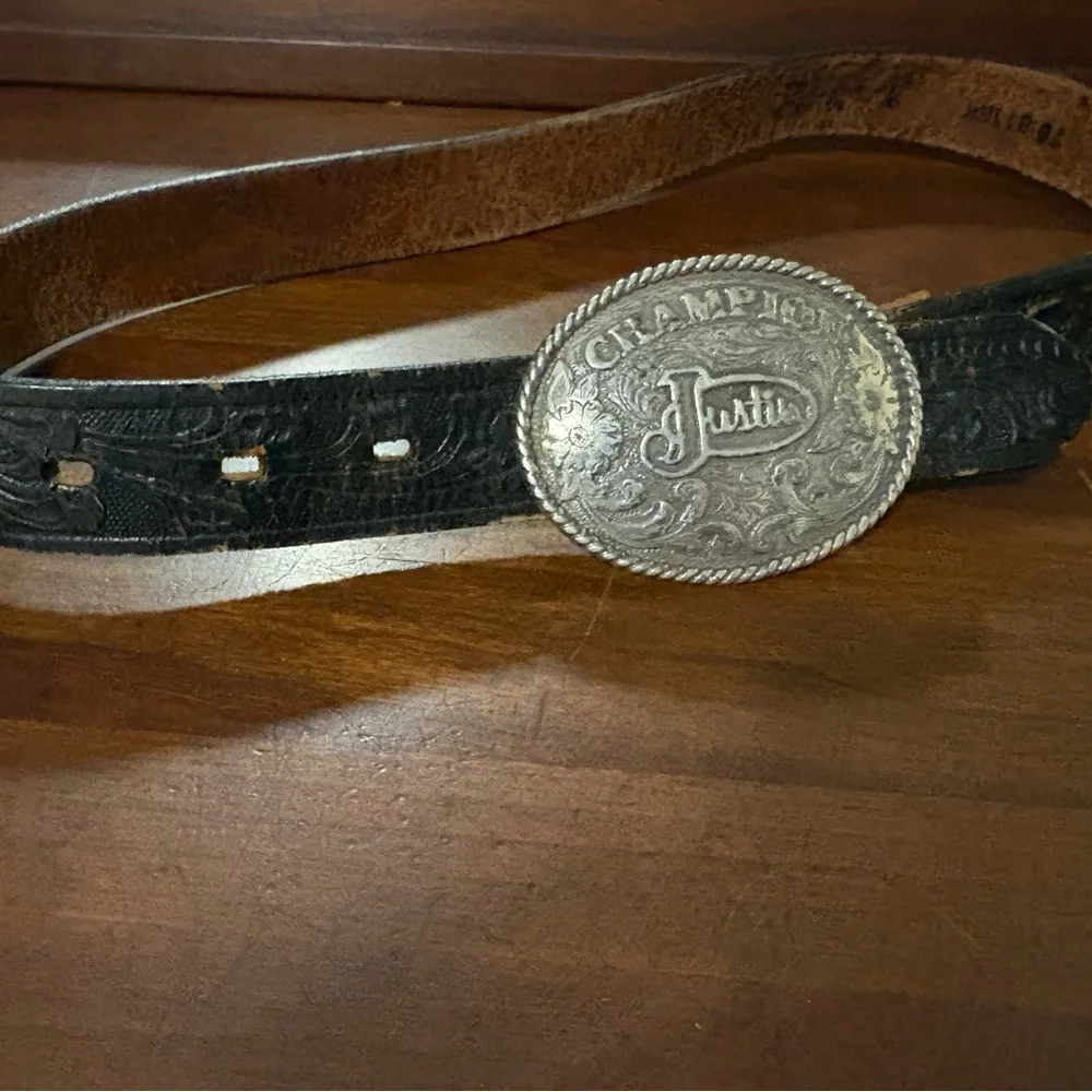 Vintage Justin Boots Black Leather Belt with Ornate Silver Buckle